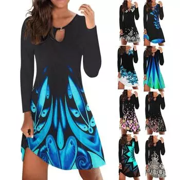 Женское повседневное платье с длинными рукавами и принтом, свободное пляжное короткое мини-платье с вырезом и круглым вырезом L синий