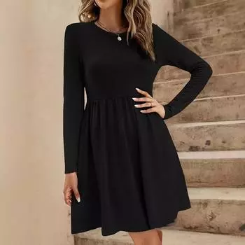 Женское повседневное платье с длинными рукавами, свободные плиссированные повседневные платья S чёрный