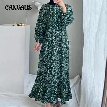 Женское повседневное платье с длинными рукавами и принтом на пуговицах размера плюс S зелёный