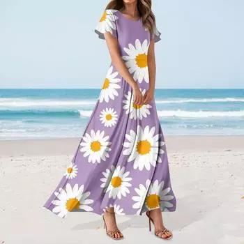 Женское повседневное платье с гавайским принтом, круглым вырезом, короткими рукавами и высокой талией L розовый