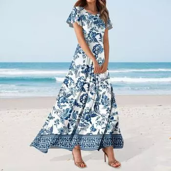 Женское повседневное платье с гавайским принтом, круглым вырезом, короткими рукавами и высокой талией L красный