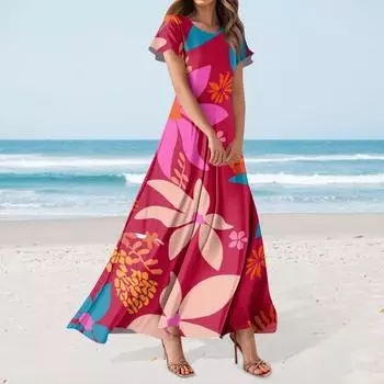 Женское повседневное платье с гавайским принтом, круглым вырезом, короткими рукавами и высокой талией XL винный