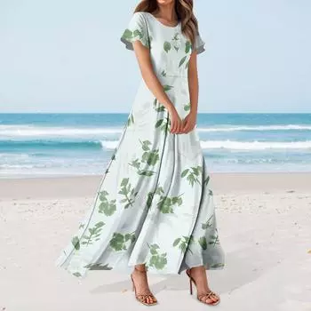 Женское повседневное платье с гавайским принтом, круглым вырезом, короткими рукавами и высокой талией M красный