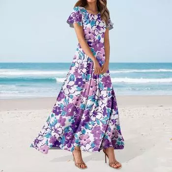 Женское повседневное платье с гавайским принтом, круглым вырезом, короткими рукавами и высокой талией XXL красный