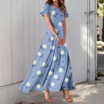 Женское повседневное платье с гавайским принтом, круглым вырезом, короткими рукавами и высокой талией S красный