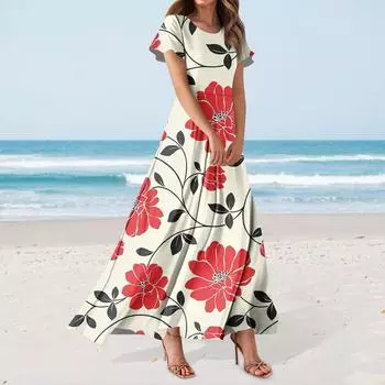 Женское повседневное платье с гавайским принтом, круглым вырезом, короткими рукавами и высокой талией XL киноварь