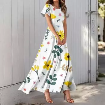 Женское повседневное платье с гавайским принтом, круглым вырезом, короткими рукавами и высокой талией XL