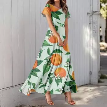 Женское повседневное платье с гавайским принтом, круглым вырезом, короткими рукавами и высокой талией S винный