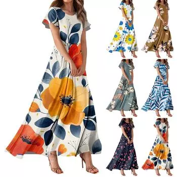 Женское повседневное платье с гавайским принтом, круглым вырезом, короткими рукавами и высокой талией L горячий розовый