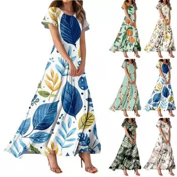 Женское повседневное платье с гавайским принтом, круглым вырезом, короткими рукавами и высокой талией L горячий розовый