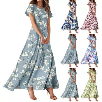 Женское повседневное платье с гавайским принтом, круглым вырезом, короткими рукавами и высокой талией L горячий розовый