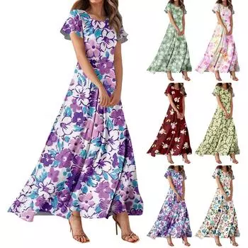 Женское повседневное платье с гавайским принтом, круглым вырезом, короткими рукавами и высокой талией L горячий розовый