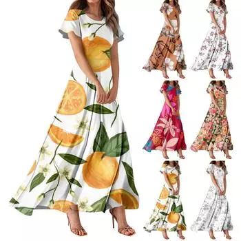 Женское повседневное платье с гавайским принтом, круглым вырезом, короткими рукавами и высокой талией L горячий розовый