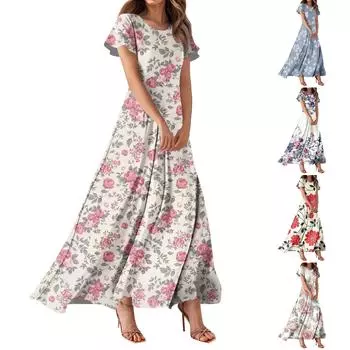 Женское повседневное платье с гавайским принтом, круглым вырезом, короткими рукавами и высокой талией L горячий розовый