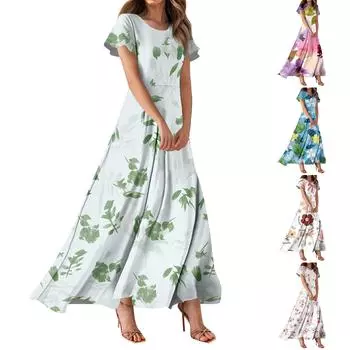 Женское повседневное платье с гавайским принтом, круглым вырезом, короткими рукавами и высокой талией L горячий розовый