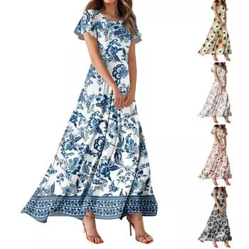 Женское повседневное платье с гавайским принтом, круглым вырезом, короткими рукавами и высокой талией L горячий розовый