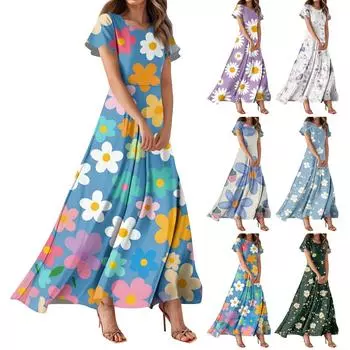 Женское повседневное платье с гавайским принтом, круглым вырезом, короткими рукавами и высокой талией L горячий розовый