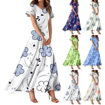 Женское повседневное платье с гавайским принтом, круглым вырезом, короткими рукавами и высокой талией L горячий розовый