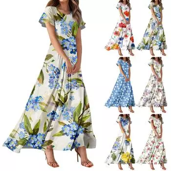 Женское повседневное платье с гавайским принтом, круглым вырезом, короткими рукавами и высокой талией L горячий розовый