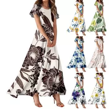 Женское повседневное платье с гавайским принтом, круглым вырезом, короткими рукавами и высокой талией L горячий розовый