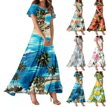 Женское повседневное платье с гавайским принтом, круглым вырезом, короткими рукавами и высокой талией L горячий розовый