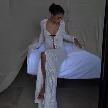 Женское повседневное платье с глубоким V-образным вырезом и длинным рукавом, весна-лето S белый