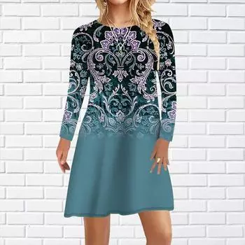 Женское повседневное платье с градиентным ретро-цветочным принтом Платья для женщин с круглым вырезом и коротким рукавом Платье размера плюс XS зелёный