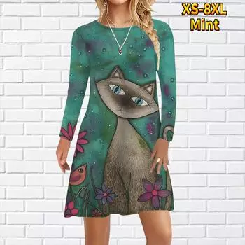Женское повседневное платье с художественным принтом кошек Платья для женщин с круглым вырезом и коротким рукавом Платье больших размеров XS жёлтый