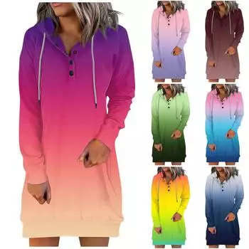 Женское повседневное платье с капюшоном и длинными рукавами, на шнурке, с принтом градиента XXL зелёный