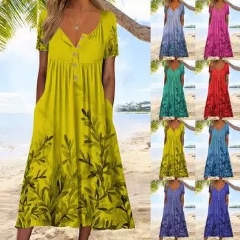 Женское повседневное платье с карманами и пуловером на пуговицах с круглым вырезом и принтом L синий