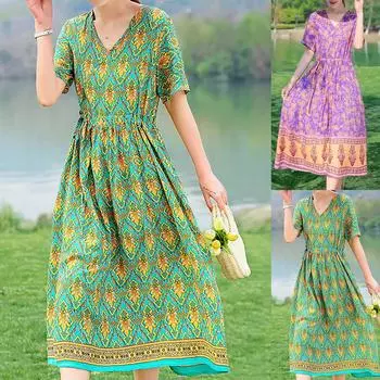 Женское повседневное платье с карманами и v-образным вырезом с короткими рукавами и принтом XXL зелёный