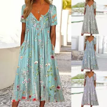 Женское повседневное платье с карманами и пуловером на пуговицах с круглым вырезом и принтом L