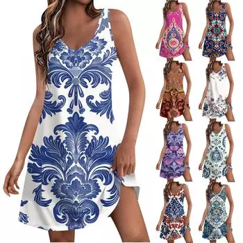 Женское повседневное платье с карманами, летнее пляжное платье, блузки с принтом для женщин, платье с v-образным вырезом, свободные платья-майки L синий