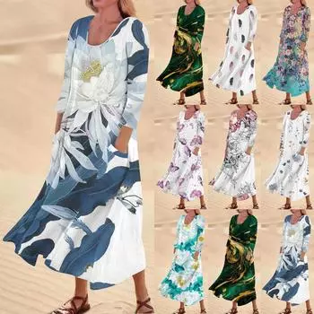 Женское повседневное платье с карманом и рукавами три четверти с цветочным принтом XXXXXL синий