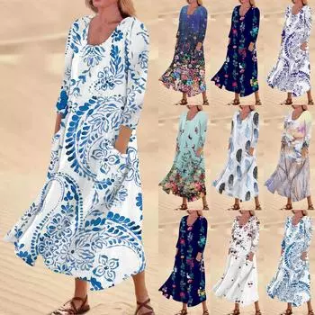 Женское повседневное платье с карманом и рукавами три четверти с цветочным принтом L синий