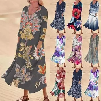 Женское повседневное платье с карманом и рукавами три четверти с цветочным принтом XXL синий