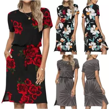 Женское повседневное платье с карманом на шнуровке и коротким рукавом с цветочным принтом и круглым вырезом L красный