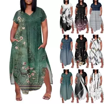 Женское повседневное платье с коротким рукавом и круглым вырезом больших размеров Temperament XXL синий