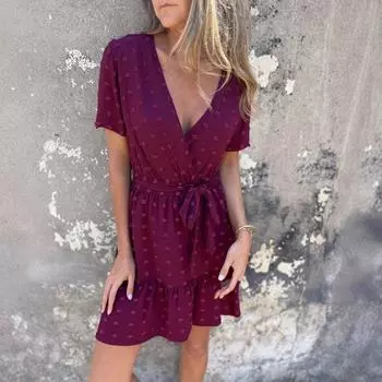 Женское повседневное платье с коротким рукавом, однотонное, бандажное, с V-образным вырезом, свободное, цельное платье S