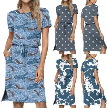 Женское повседневное платье с короткими рукавами и карманами на шнуровке с принтом и круглым вырезом L синий