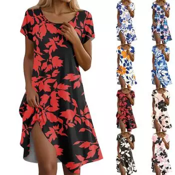 Женское повседневное платье с короткими рукавами, цветочным принтом и карманным дизайном L чёрный