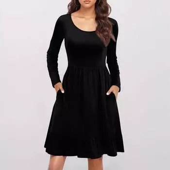 Женское повседневное платье с круглым вырезом и длинными рукавами, однотонное свободное платье со складками на талии L чёрный