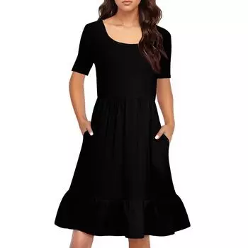 Женское повседневное платье с круглым вырезом и короткими рукавами, однотонное свободное платье с плиссировкой на талии L чёрный