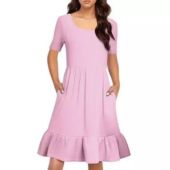 Женское повседневное платье с круглым вырезом и короткими рукавами, однотонное свободное платье с плиссировкой на талии M розовый