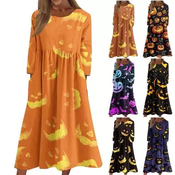 Женское повседневное платье с круглым вырезом и длинными рукавами с принтом на Хэллоуин и карманами L фиолетовый