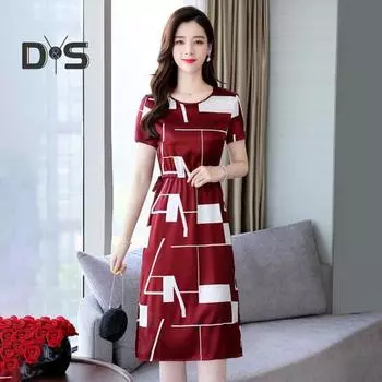 Женское повседневное платье с круглым вырезом и узкой талией с цветным принтом, облегающее платье длиной до колена с короткими рукавами, деловое платье для покупок, свиданий, платье миди M темно-синий