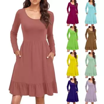 Женское повседневное платье с круглым вырезом и длинными рукавами, однотонное свободное платье со складками на талии XXL