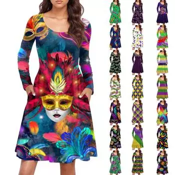 Женское повседневное платье с круглым вырезом и длинными рукавами, карнавальный узор, свободная талия, плиссированное платье S