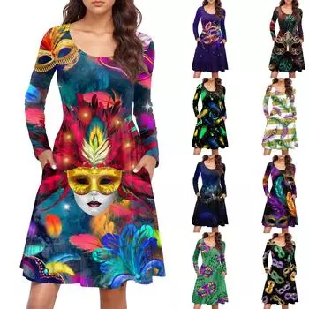 Женское повседневное платье с круглым вырезом и длинными рукавами, карнавальный узор, свободная талия, плиссированное платье XL