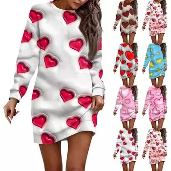 Женское повседневное платье с круглым вырезом и длинными рукавами на День святого Валентина для пар L синий